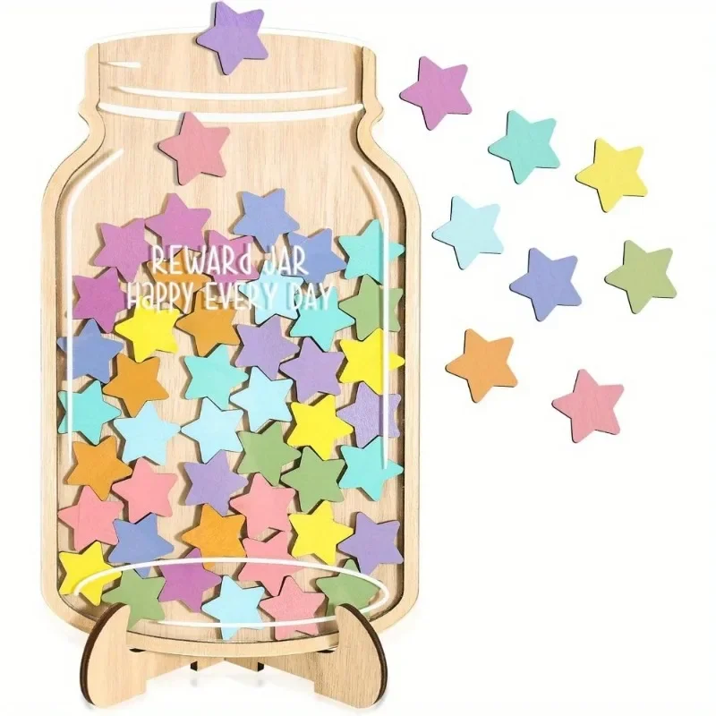 Tarro de recompensa con imanes de estrella, tabla de comportamiento de madera Artificial para aula, hogar, oficina, herramienta de refuerzo positivo, 47 Uds.