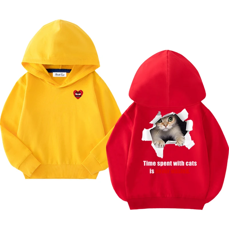 Broken Paper Pet Cat Printing Boy Girl Hoodie Cotton Cute Red Snag Heart Embroidery Thin Pullover Loose Autumn Kid Casual Hoody