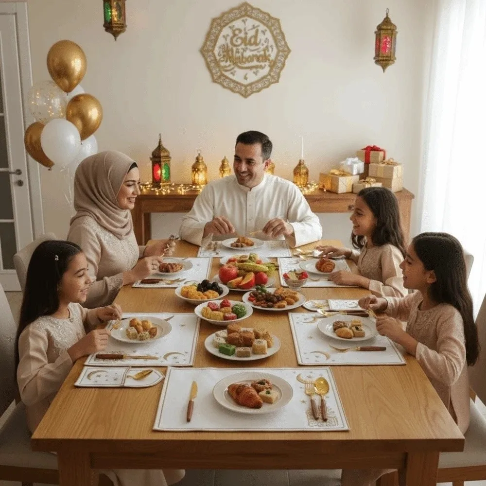 3pcs White Eid Al-Fitr Table Mat Smooth Polyester Embroidered Placemats Absorbent Star Insulation Pads Set Table Decoration