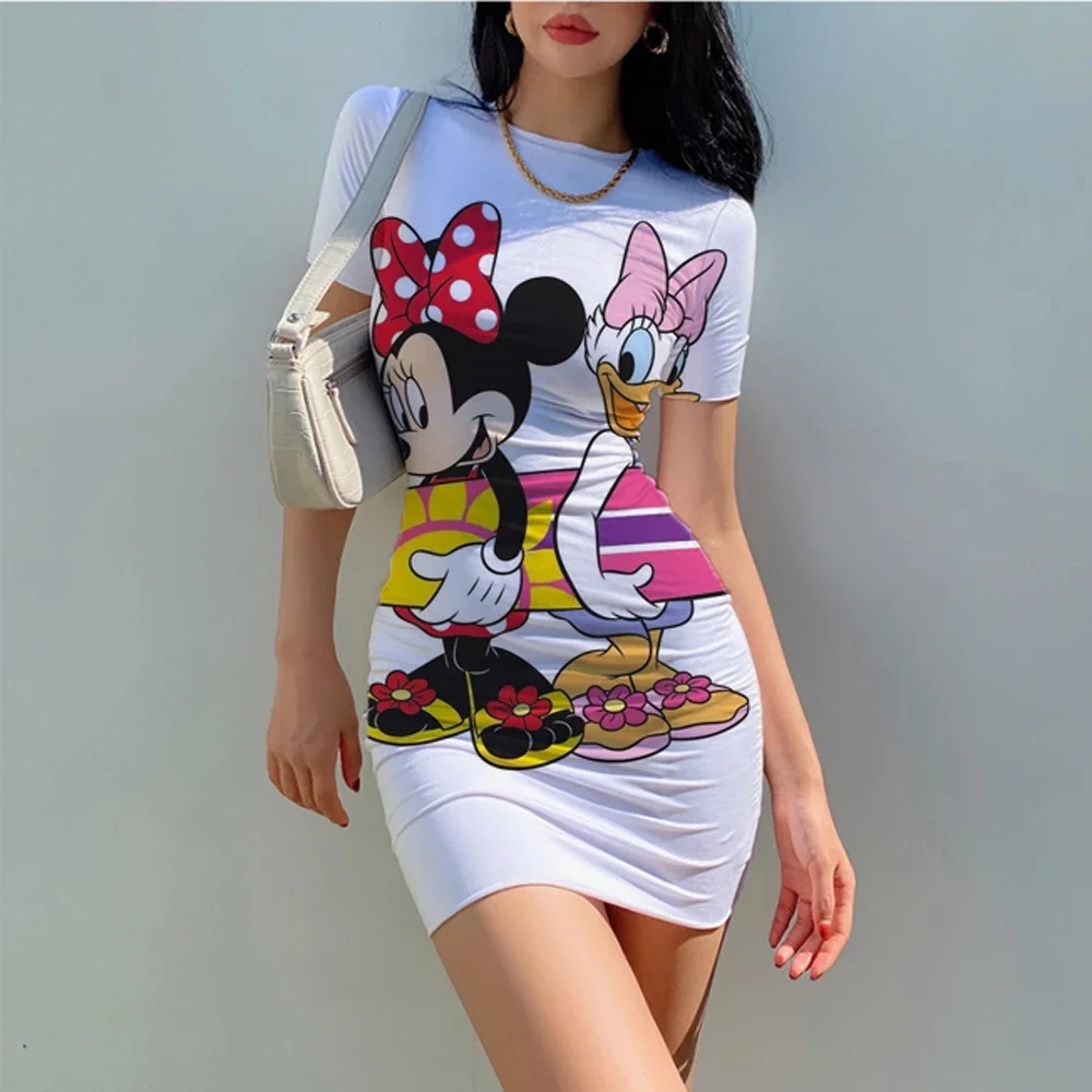 Disney Minnie Mickey Mouse Kurzarm Slim Bodycon sexy Kleid 2024 Sommer Frauen Streetwear Party Festival Kleider Outfits