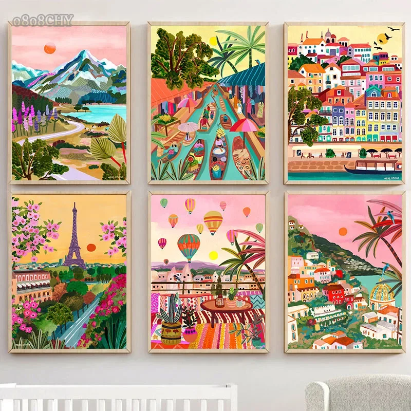 Colorful Travel Mountain City Canvas Painting Posters and Prints Abstract Landscape Wall Art Pictures for Home Living Room Decor