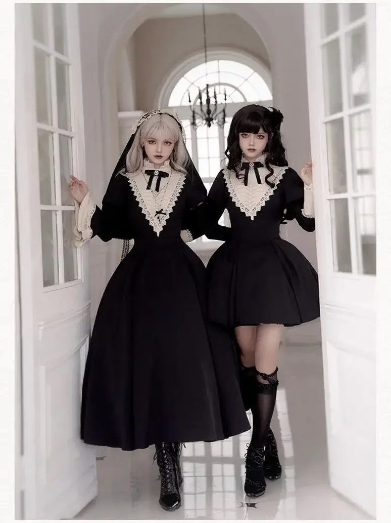 Elegant Temperament Goth Nun Lolita Dress Stand Collar Embroidered Puff Sleeves High Waist Slim Fit A-line Black Dresses Women