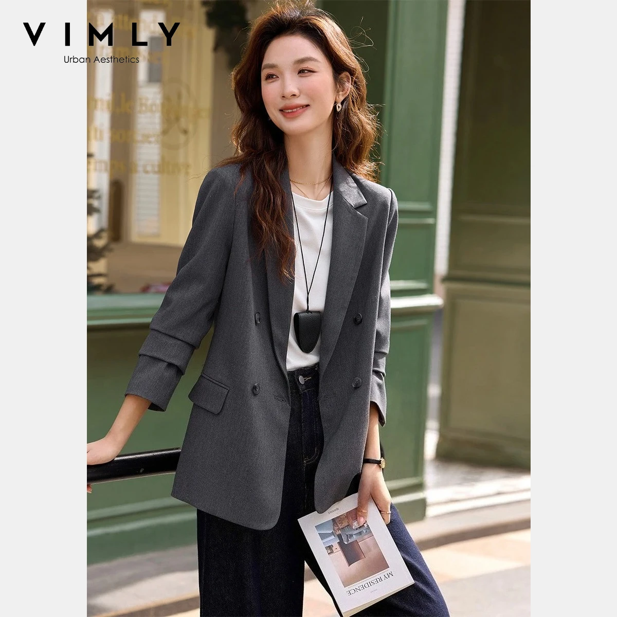 

VIMLY Commute Gray Blazer Woman 2026 Spring New Minimalist Casual Double-Breasted Jacket Daily Office Long Sleeve Blazer A3099