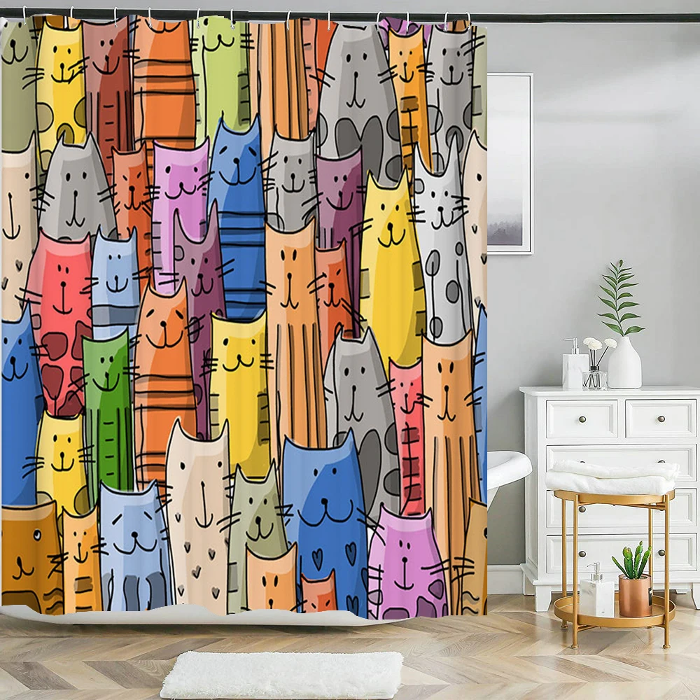 Cartoon Cute Cat Shower Curtain Set with Non Slip Rug Bath Mat Carpet Bathroom Curtains Toilet Lid Cover Home Decoration 180x180