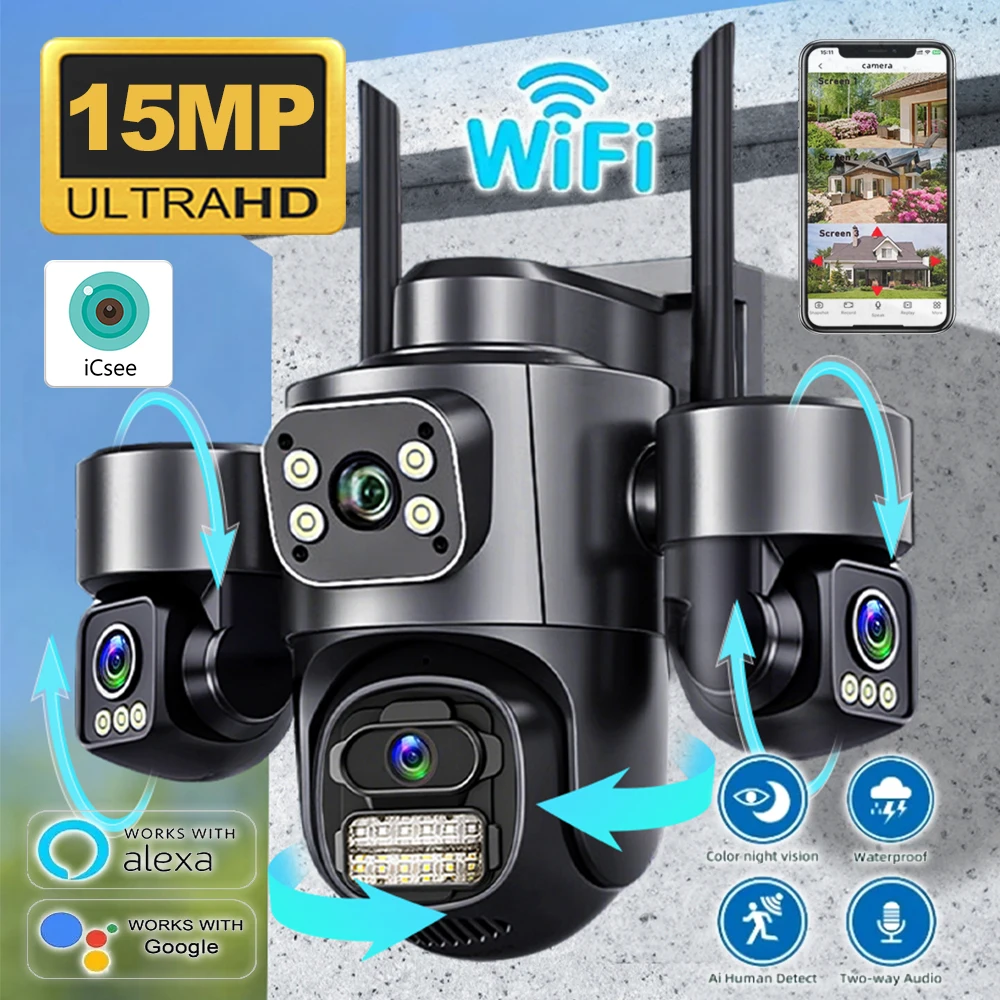 

15MP Security Camera iCsee 3-HD Screens Auto Tracking WiFi IP CameraOutdoor CCTV Color Night Vision 2-Way Audio Surveillance Cam