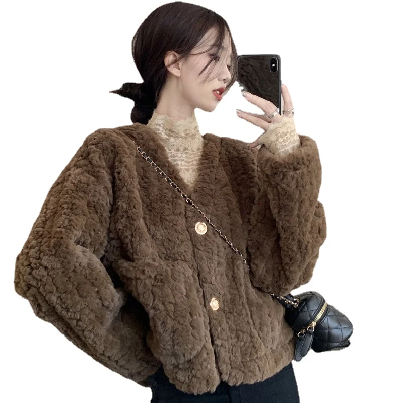 ZXRYXGS Temperament Trend Imitation Lamb Wool Coat Autumn Winter Jackets 2023 New V-neck Fashion Top Women's Clothing