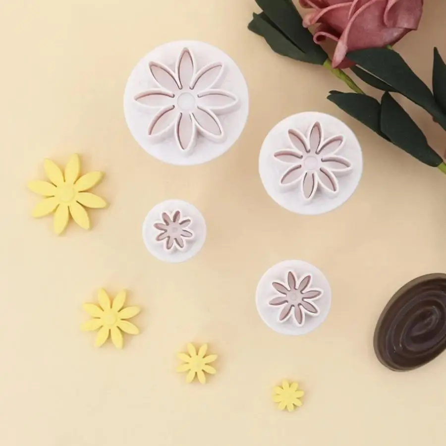 4Pcs Flower Fondant Cutter Kit Daisy Sunflower Plunger Molds For Cookie Cake Sugarcraft Decorating DIY Pastry Baking Tools