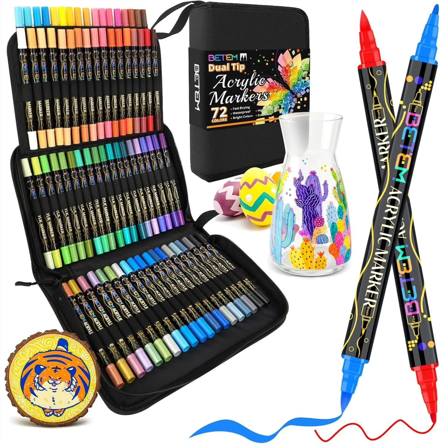 

72 Colors Dual Tip Acrylic Paint Markers, Fine & Brush Tip, For Glass Fabric Wood Rock Canvas, Art Supplies