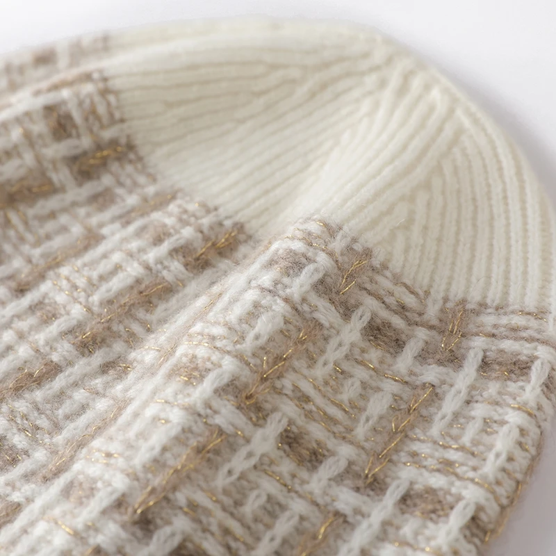 Cashmere Gold Silver Wire Thick Beanies Ribbed Hem Soft Knitted Black Cap Hat Autumn Winter Warm Merino Wool Caps