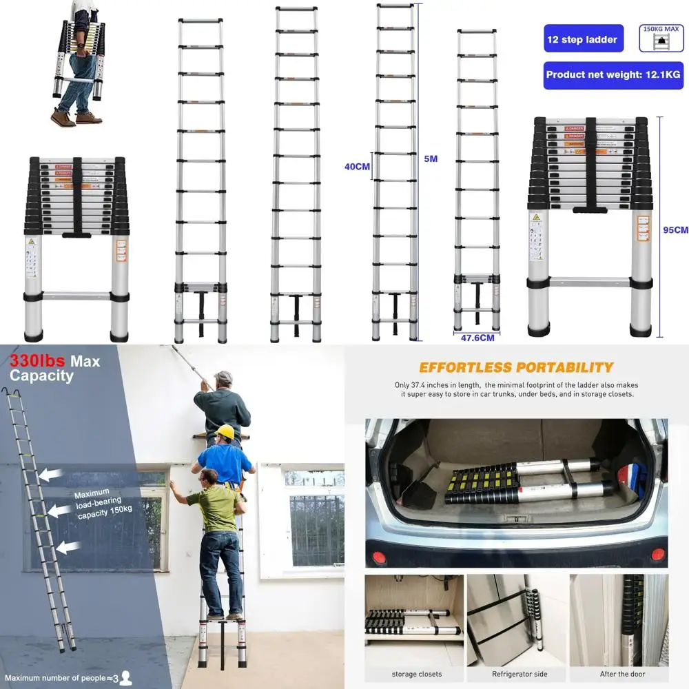 Tragbare Mehrzweckleiter aus Aluminium – 16 Fuß teleskopierbar, leicht zusammenklappbar, rutschfest, 330 Pfund Tragfähigkeit, geeignet für