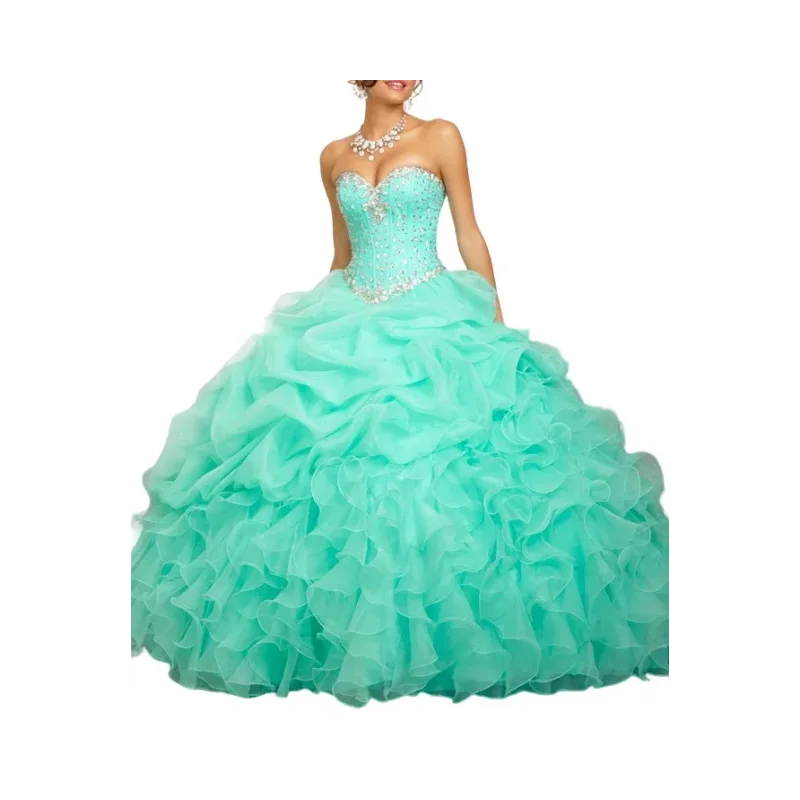 

Real Photos Organza Ruffled Lime Green Dress for 15 Years Diamond Beaded Ball Gown Quinceanera Dresses In Stock DH9929