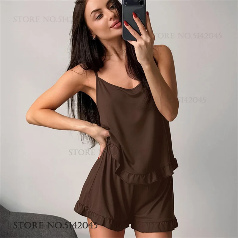 Summer New Modal Female Pajamas Set Mujer Lingerie Sexy Ruffle Sleepwear Strap Top&shorts Women's Homewear Loose Loungewear