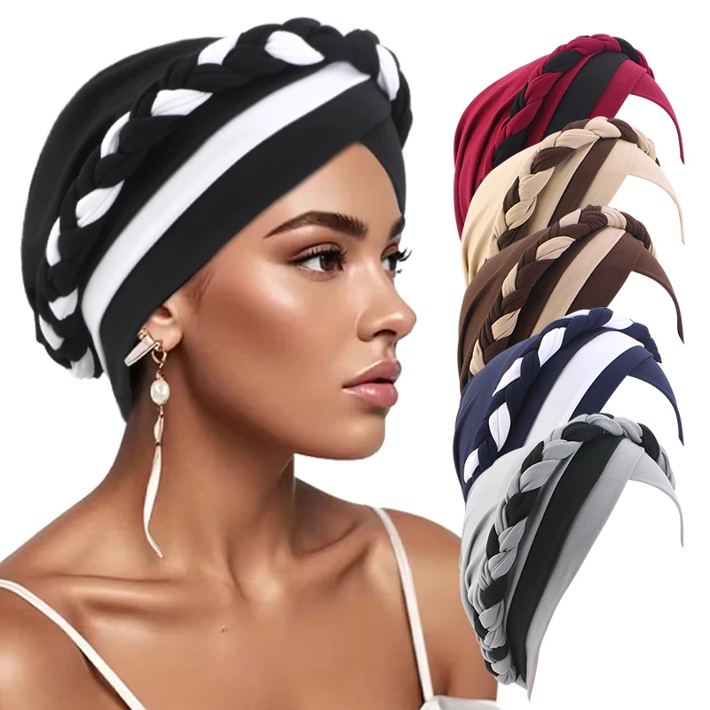 Feminino bohemia impressão trança turbante bonnet hijab bonés lenço de cabeça para muçulmano interior hijabs femme musulman árabe envoltório turbantes