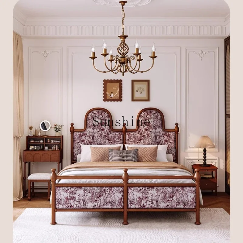 

French size apartment retro solid wood fabric bed master bedroom personalized double bed