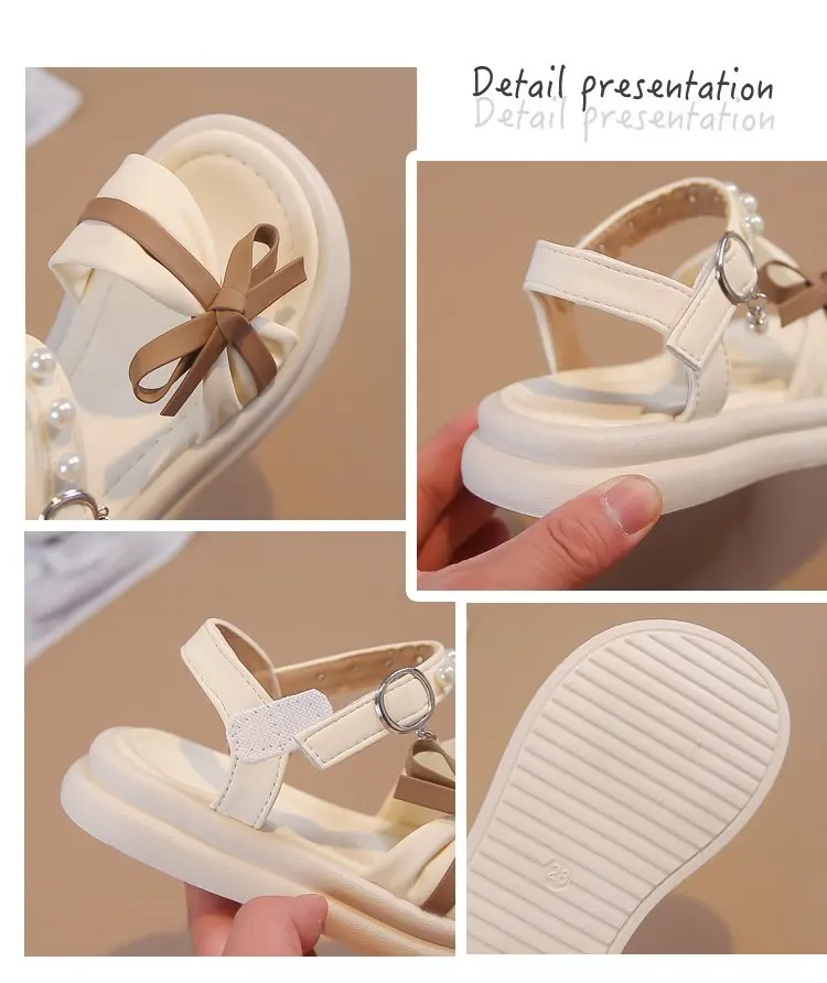 2026 Neue Sommer Kleinkind Schleifen-Strandschuhe Prinzessinnen Mädchen Leder Sandalen mit Perlenriemen Weiche Sohle Klassisch Elegant Party – Detail 3