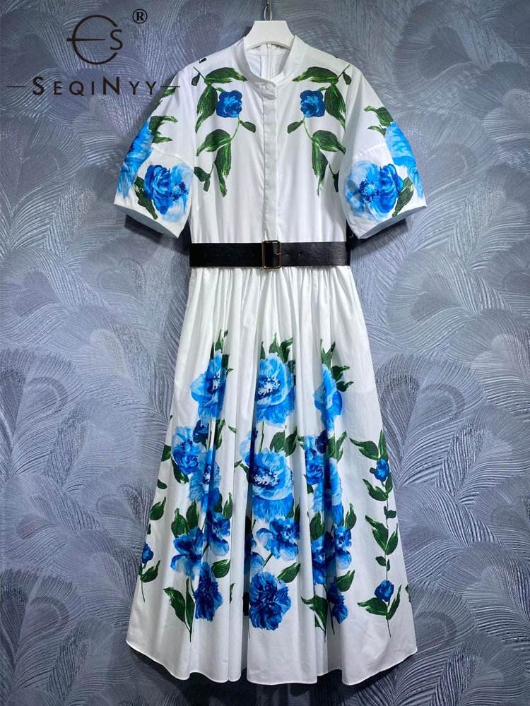 

SEQINYY White Midi Dress Summer Spring New Fashion Design Women Runway Vintage Blue Flower Print 100% Cotton A-Line Belt