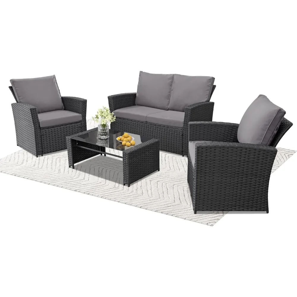 

4 Piece Outdoor Patio Furniture Set,Wicker Conversation Sets Outdoor Sectional Patio Sofa Couch with Cushions & Coffee Table