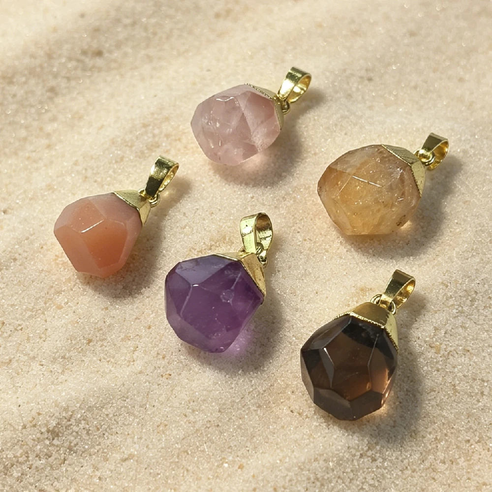 Faceted Uncut Gem Nugget Charms Gold Gilded Top Cap Setting Single Loop Assorted Stones Wholesale Boho Craft Parts P2D1008