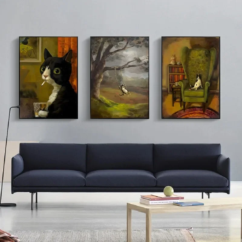 1pc Frameless Canvas Painting Funny Animals Personify Poster Print Cat Dog Rabbit Hamster Eat Something Canvas Painting Wall Art