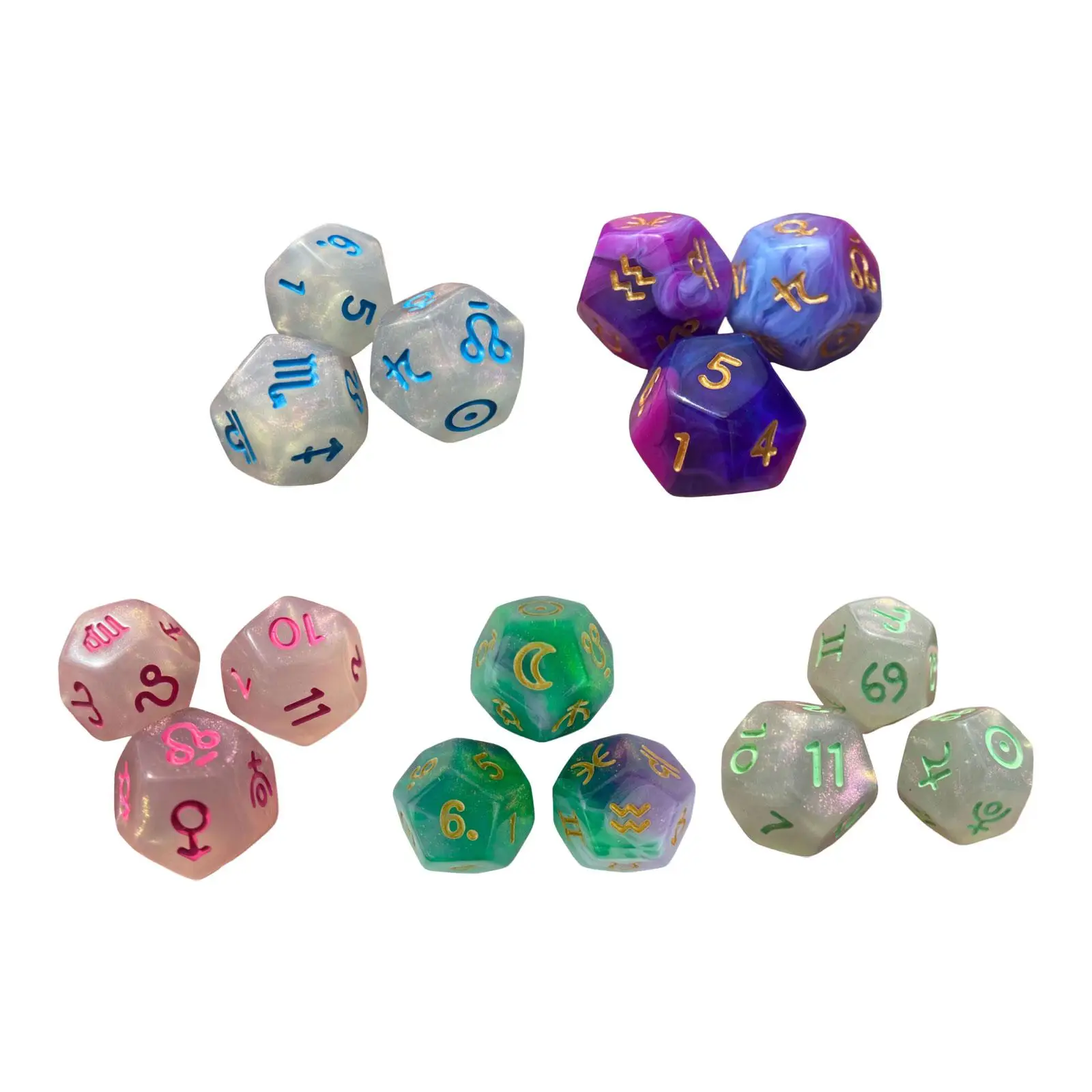 Set of 3 Polyhedral D12 Dice for Games and Teaching, Constellation Theme