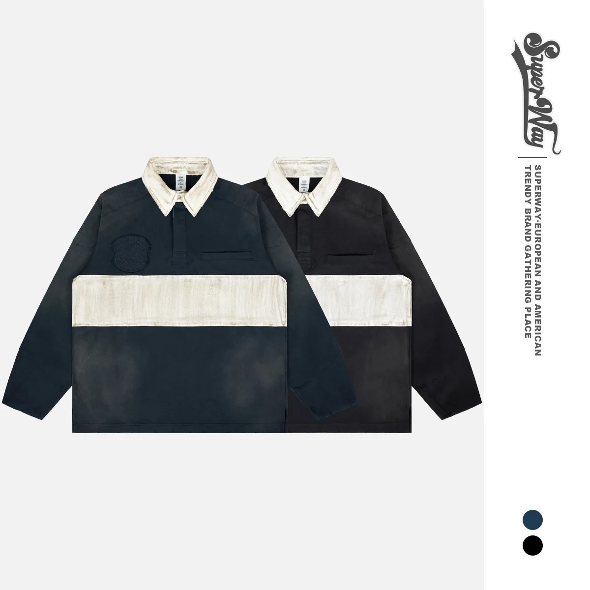 

SUPER WAY Мужская американская модная брендовая стираная футболка-поло с длинными рукавами и грязными разрушенными сращенными рукавами P502 #