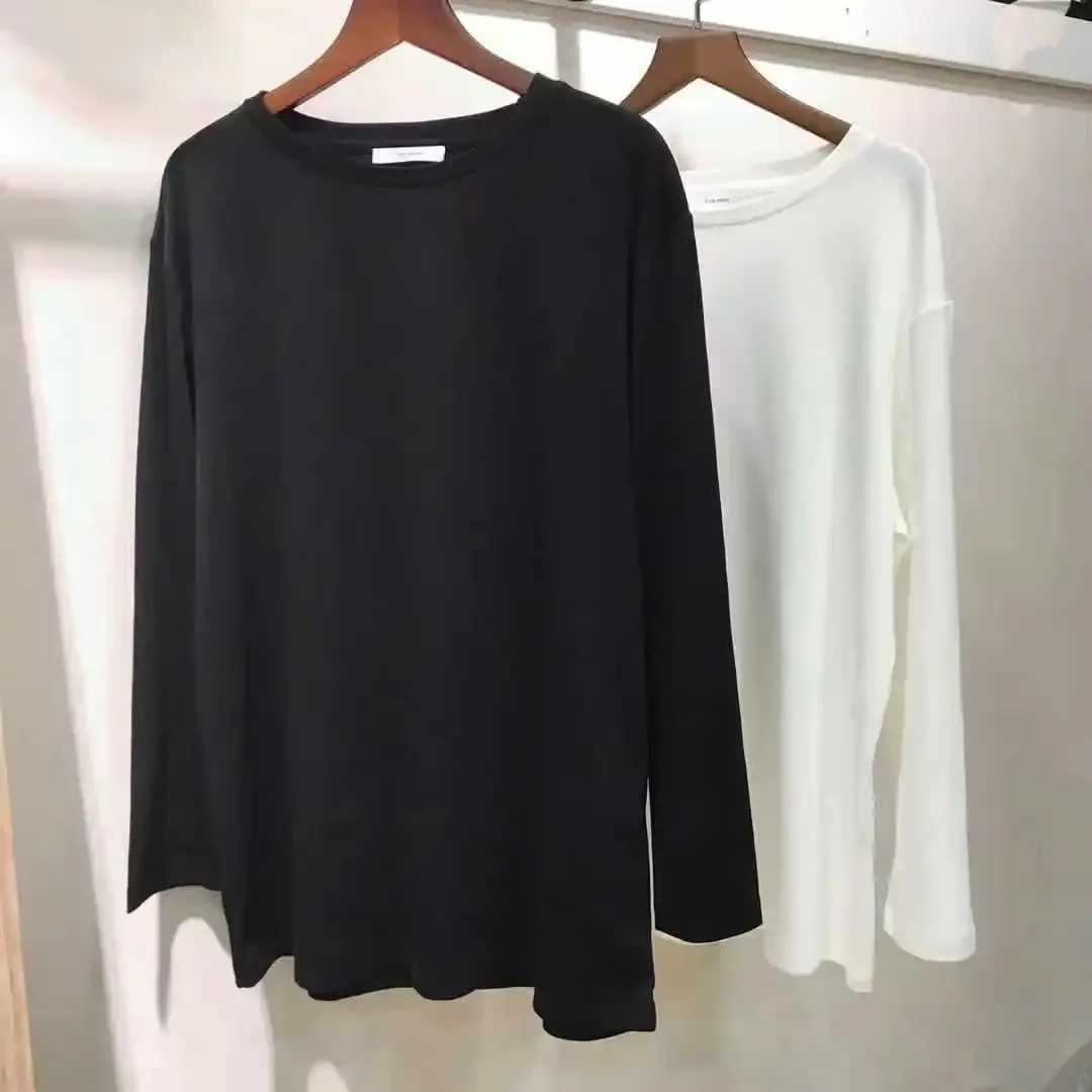 2022 Autumn Cotton Tops Solid Color Loose Round Neck Long Sleeve Women T-shirt