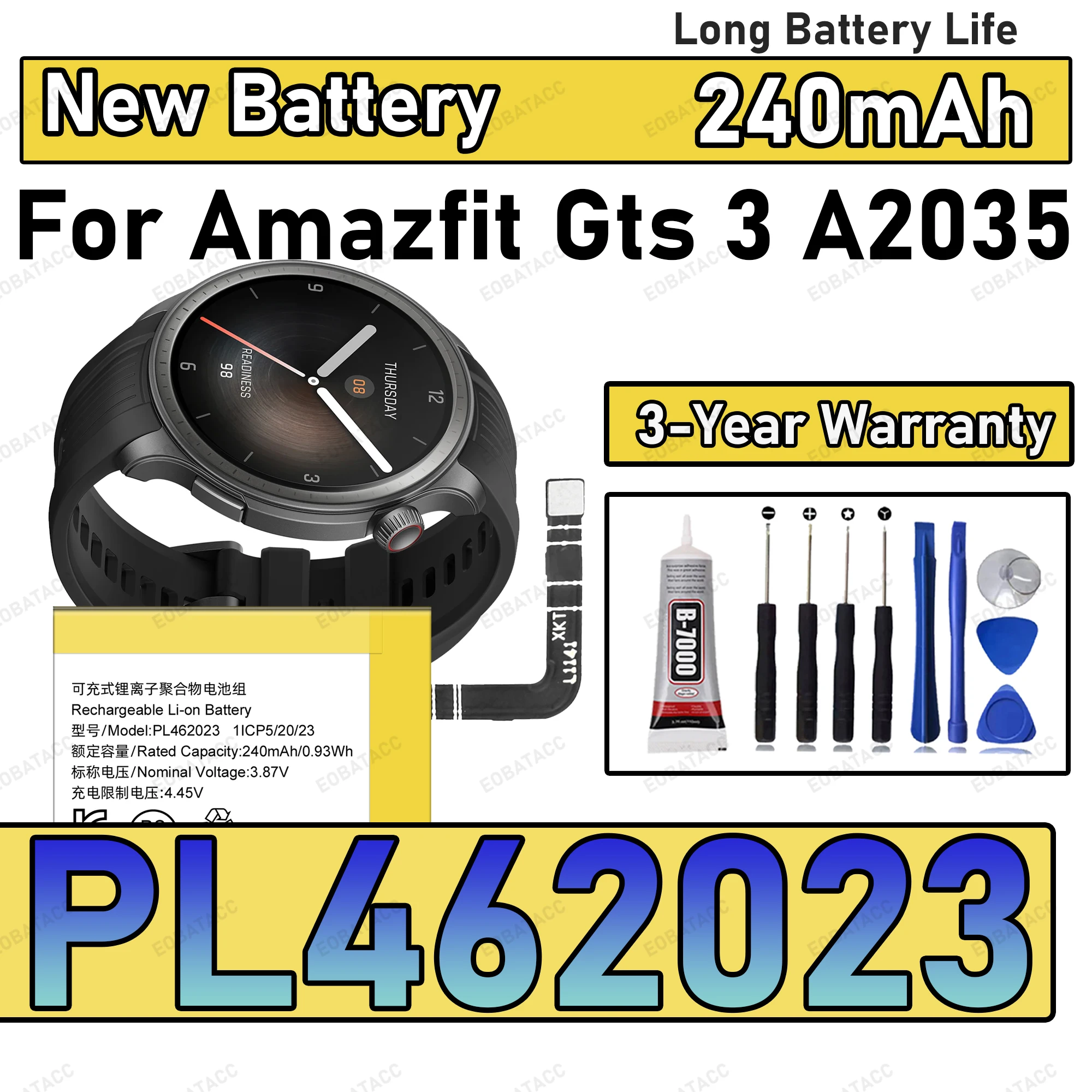 

100% New Zero Cycle 240mAh PL462023 Polymer Li-Ion Battery Cell For Amazfit Gts 3 A2035 Smart Sports Watch