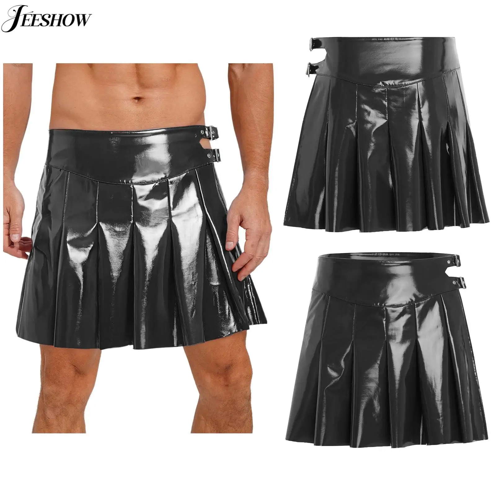 Römisches Gladiator-Kostüm für Herren, Wet-Look, PU-Leder, mit Schnalle an der Taille, Seitenschlitz, Faltenrock, antiker Krieger, Rollenspiel-Kostüm