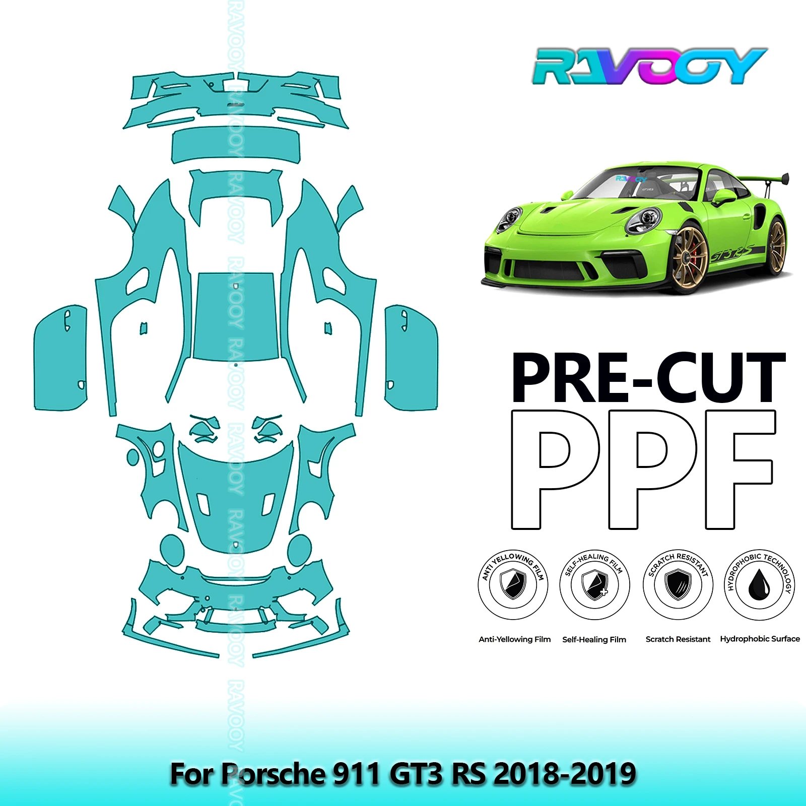

For Porsche 911 GT3 RS 2018-2019 8.5Mil Precut Full Vehicle Film Clear Bra PPF Paint Protection