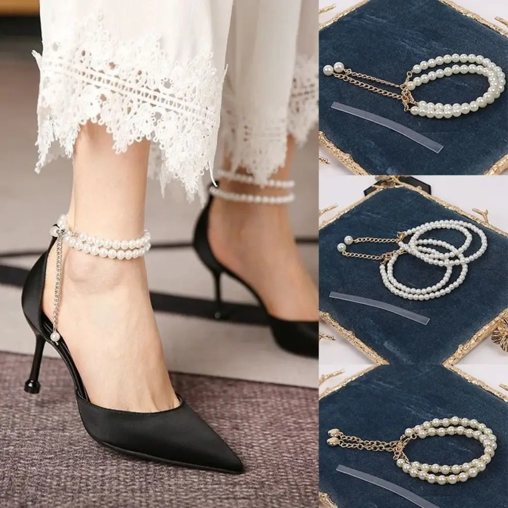 New Alloy Women Shoelaces Pearl Anti-skid Shoe Belt Shoes Decoration PU High Heels Pearl Heels Band