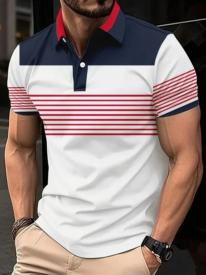 Street Fashion Stripe Men's Polo T-Shirt Summer Short Sleeves Print Tops Button T Shirt Oversized Clothing Casual Golf Shirts