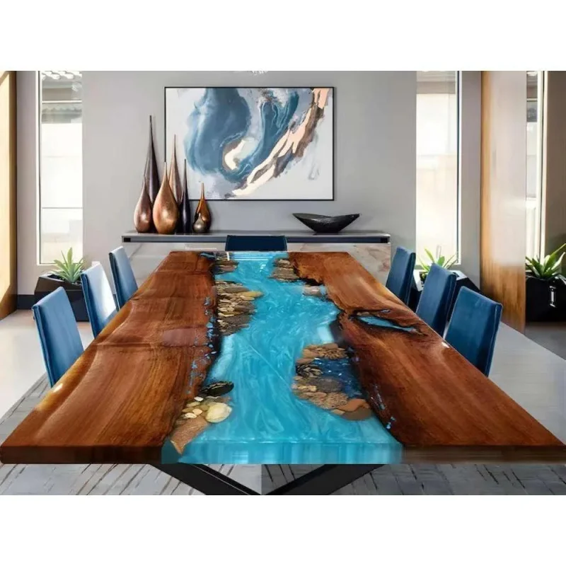 custom.Best Quality Solid Wood Epoxy Resin Dining Table with Transparent River Custom Shape Hotels Available at price