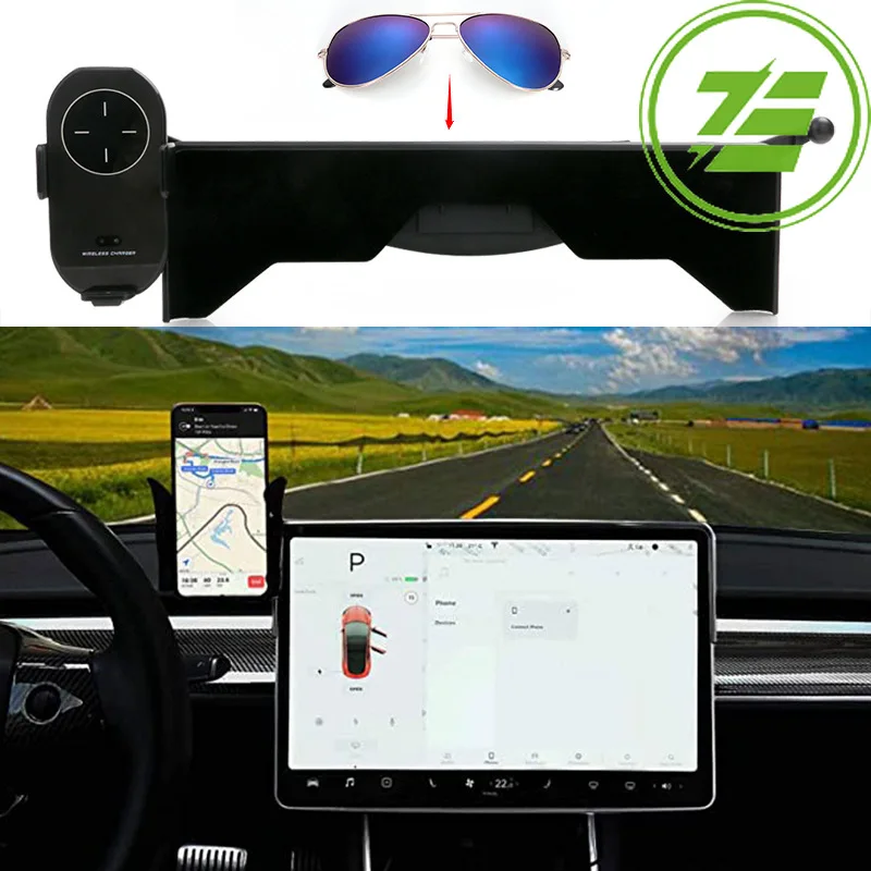 For Tesla Model 3 Model Y Mobile Phone Holder with Wireless Charging Phone Bracket Glasses Holder for Car Interior Accessories