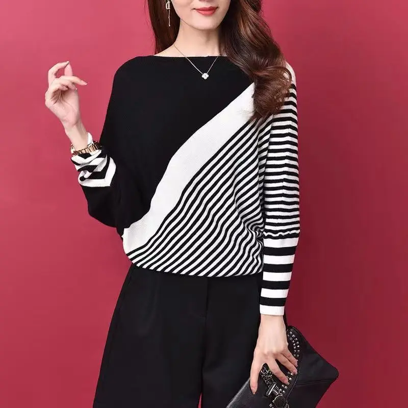 

Office Lady Simplicity Sweaters Elegant Fashion Loose Printing Patchwork Striped O-neck Long Sleeve Pullovers Women's Clothing