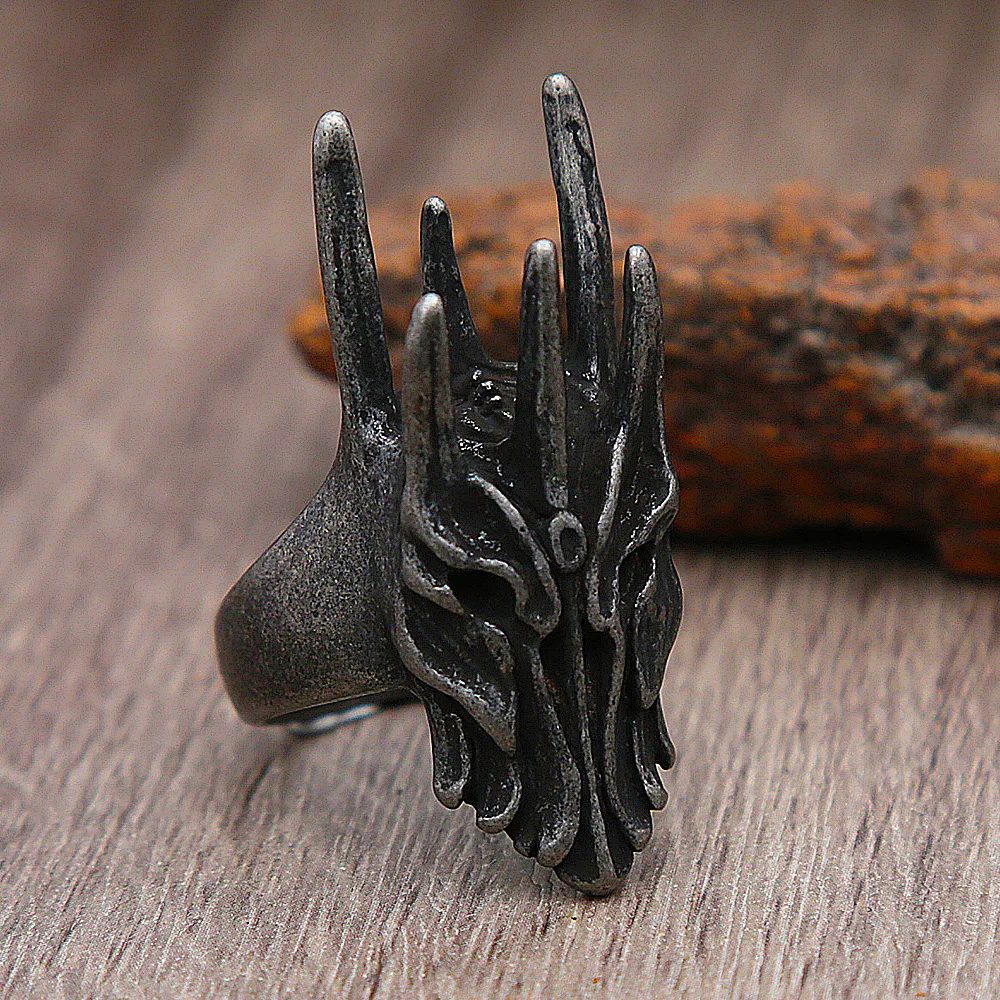 Gothic Edelstahl Schwarz Sauron Helm Ringe Für Männer Frauen Biker Punk Vintage Drachen Ring Fashion Party Schmuck Großhandel