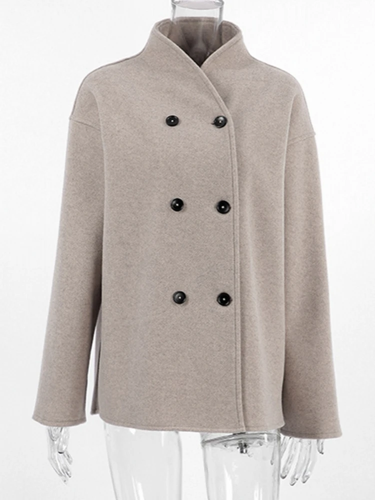 

Elegant Wool Blends Women Shawl Fashion V-Neck Double Breasted Female Streetwear 2025 Autumn Winter Casual Lady Outwear