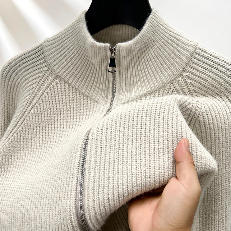 Zip Sweater Coat, Half Turtleneck Solid Color Men's Knitted Cardigan, Autumn and Winter Warm Long Sleeves Sweater