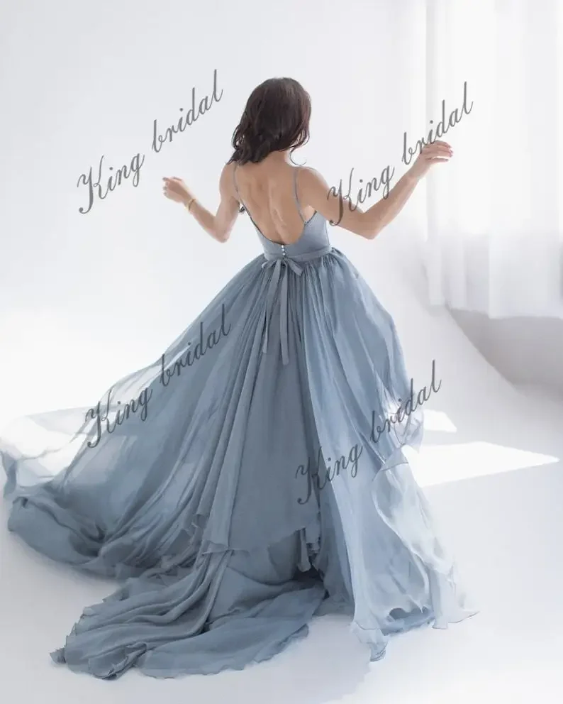 カスタムメイドシルクブルーとグレーのボーン入りシフォンウェディングドレス、モダンなウェディングドレス、プロムパーティードレス、フォーマルドレス、エレガントな女性用ドレス