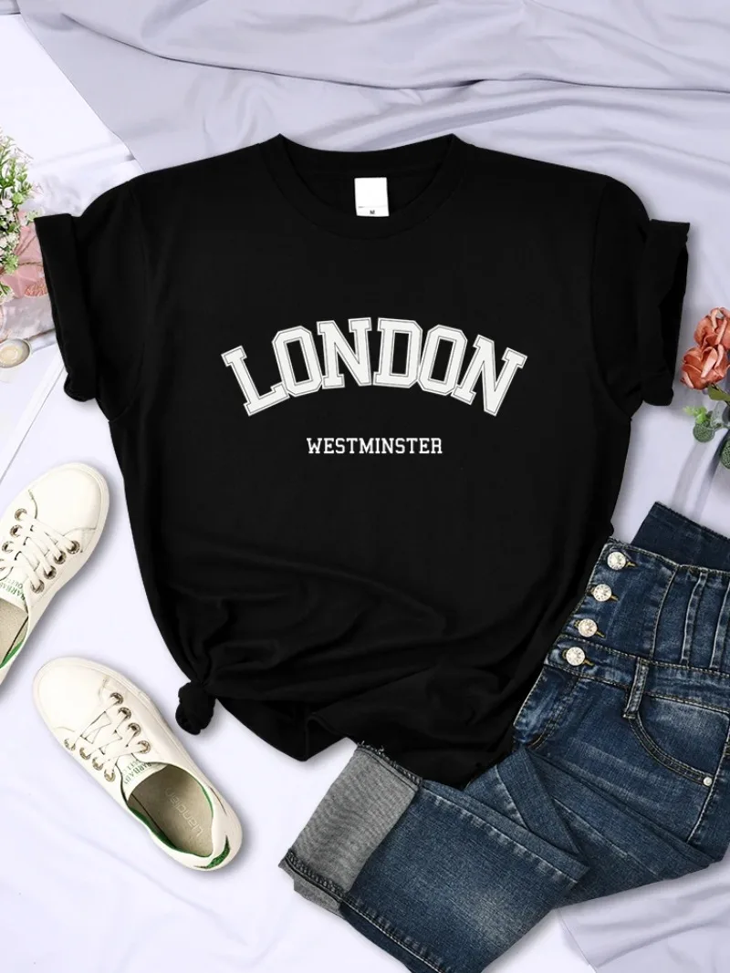 Women Summer Breathable Crop Top Casual Sport Tee Clothes Sweat Cool Soft T-Shirt Female London Westminster Street Letter Tshirt