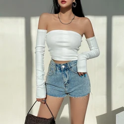 Lairauiy Women's Crop Tops Solid Color Slim Fitted Sleeveless Strapless Bandeau Tube Pullovers with Long Sleeves for Summer