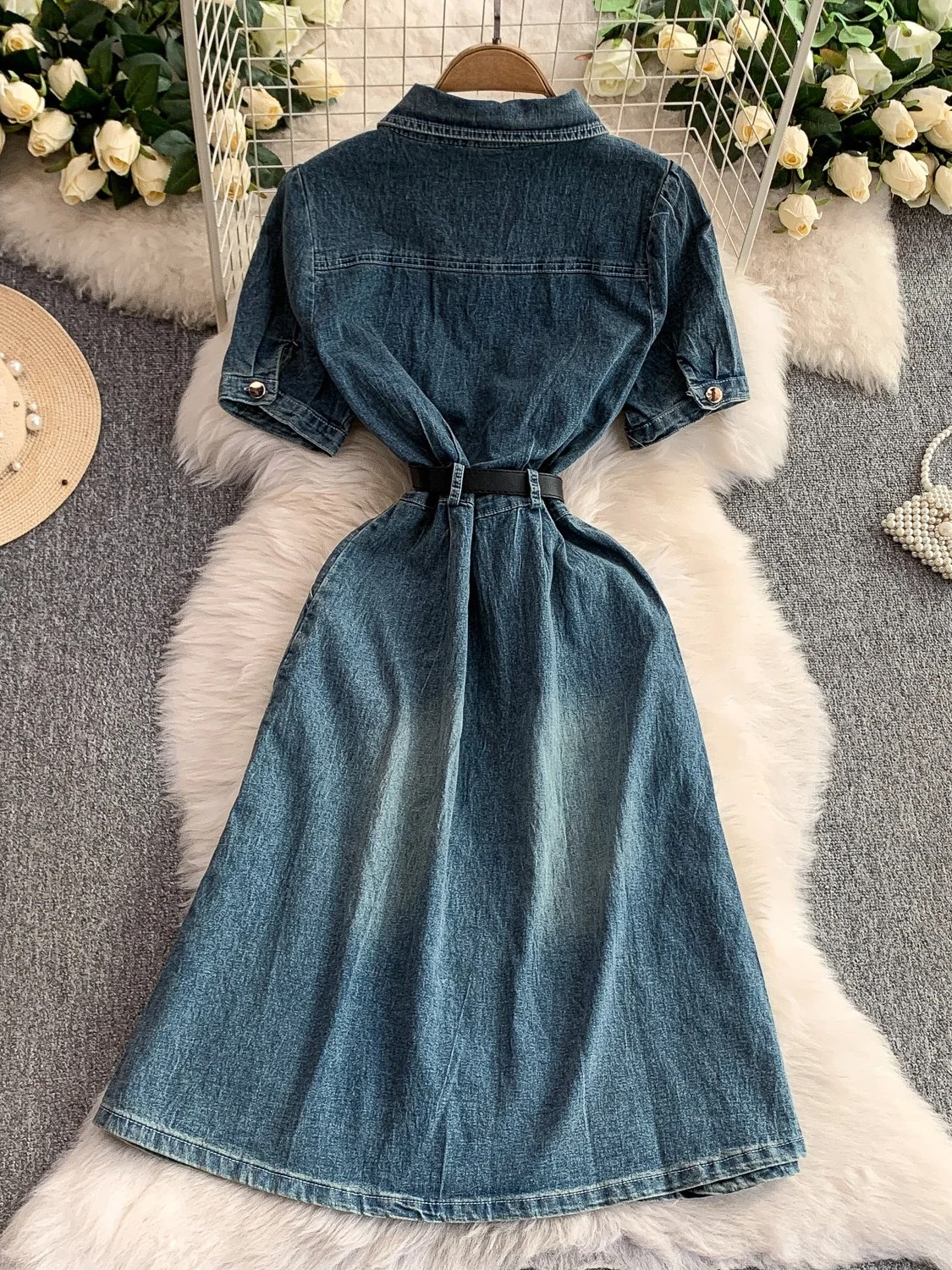 ライトブルー ポロカラー デニムワンピース レディース Aライン ミディ丈スカート シングルボタン 細見えデザイン 春夏 韓国風 半袖