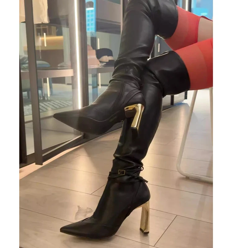 

Black Pointed Toe Gold Metal Heel Over-The-Knee Boots Woman Winter 2026 Side Zipper High Heels Slouchy Elastic Long Boots