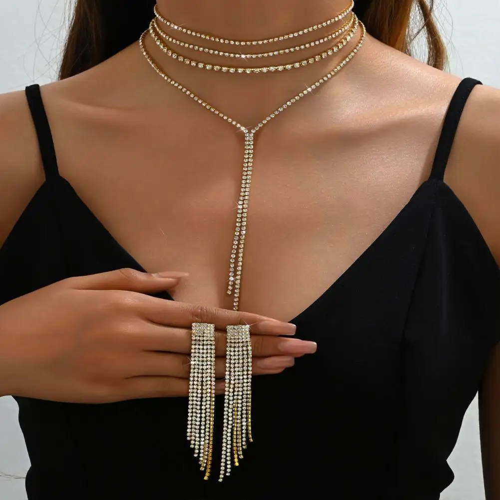 Adjustable Extension Chain Necklace Elegant Multi-layered Tassel Rhinestone Jewelry Set for Formal Events Women's for Banquets