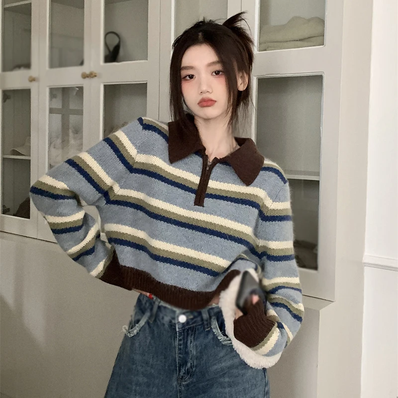 Loose Preppy Style Sweater Top Lapel Stripes Short Pullover Korean Version Zipper Decor Fashionable Contrast Color All-Match Top