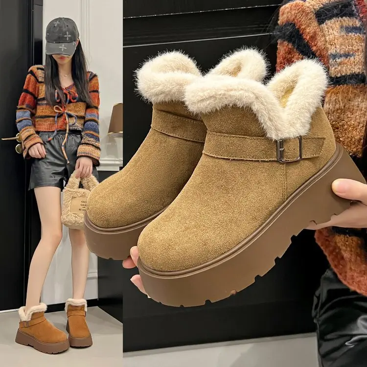 الشتاء أزياء سميكة القاع المرأة أحذية الثلوج حزام مشبك نمط جديد صوف مبطن أفخم أحذية قطنية عارضة جولة تو الأحذية #4