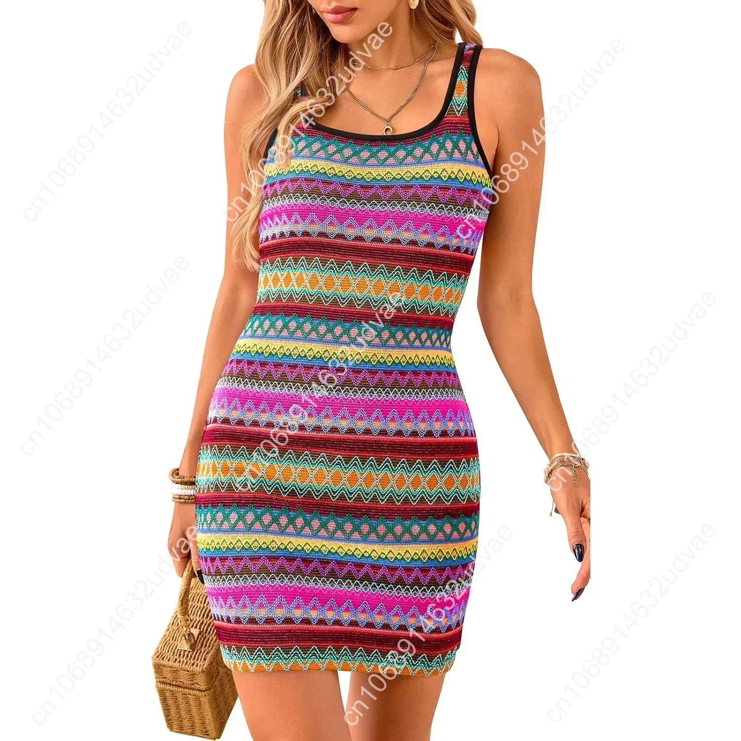 

Summer Casual Tank Dresses Women's Sleeveless Square Neck Striped Sundress Bodycon Mini Beach Boho Dress 2025