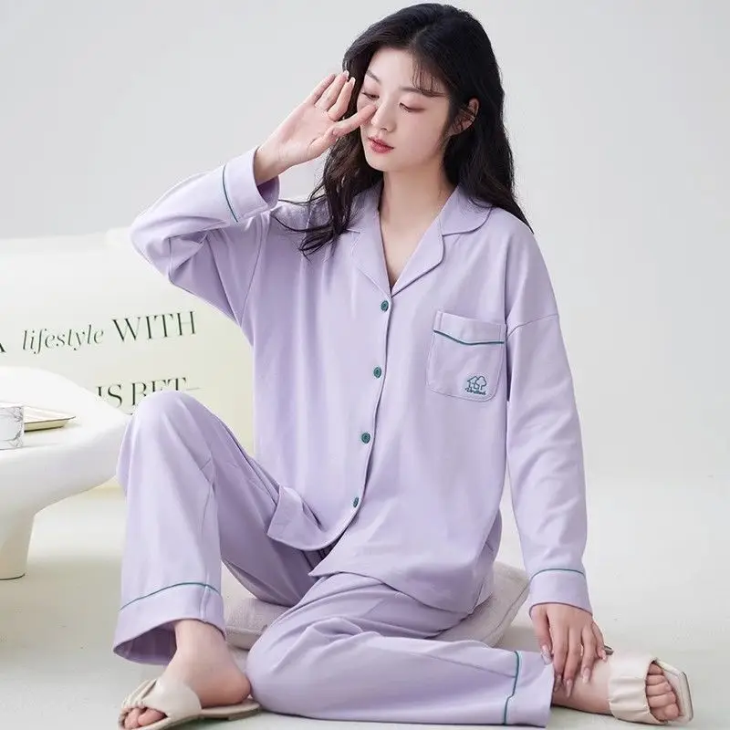 100% Cotton Pajamas Women's Autumn Winter Pyjamas Women Long-sleeved Trousers Sleepwear Cardigan Lapel Simple Loose Loungewear
