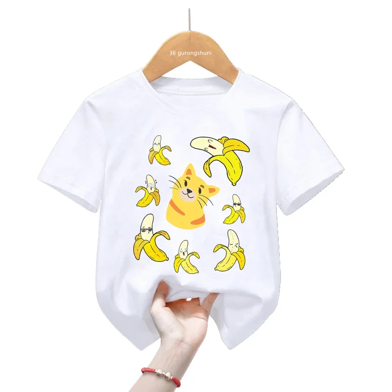 

Cute Banana Cat Graphic Print T Shirt Girls/Boys Funny Kids Clothes Summer Fashion Short Sleeve T-Shirt Harajuku Kawaii T-Shirt