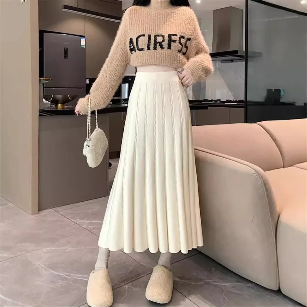 

Ele Трикотажная шерстяная юбка женская с высокой талией, плиссированный подол, осень-зима, новинка, простой шикарный цвет, длина...