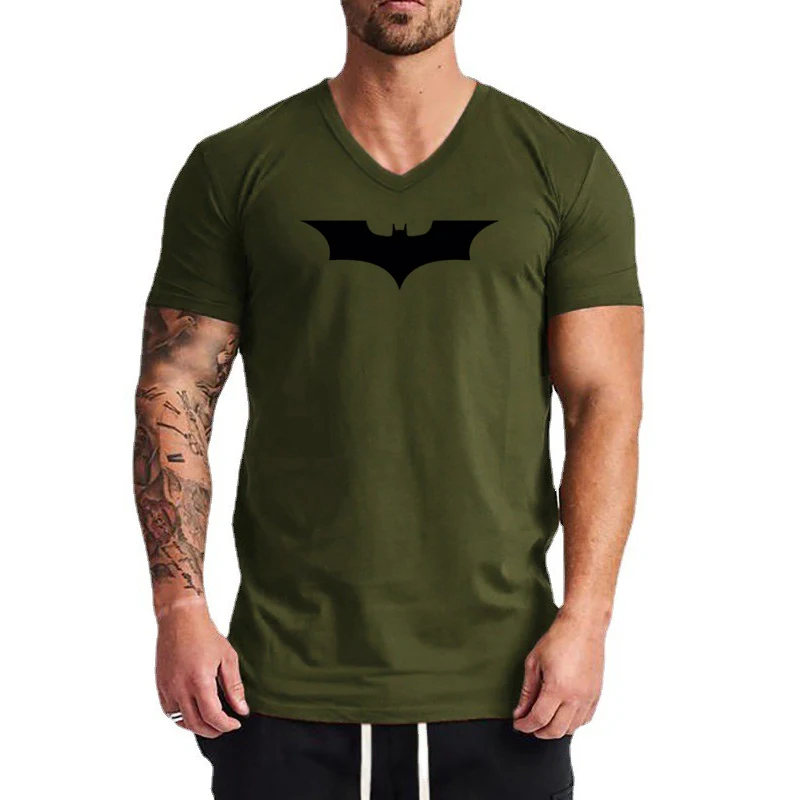 Black Bat Printed Classic Mens T Shirts Summer Fashion Cotton Slim Fit V-Neck Short Sleeve Breathable Casual Sports Tops Tees